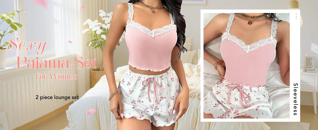 Women’s Lace Trim Cami & Floral Shorts Pajama Set, Soft Ribbed Two-Piece Sleepwear, Sexy Summer Loungewear Nightwear Outfit