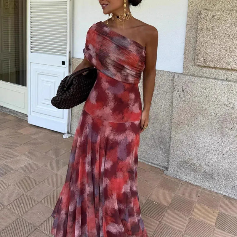 Sexy One Shoulder Sleeveless Pleated Long Dress Woman Spring Elegant Print Swing Party Dress Summer Backless Hollow Boho Dresses