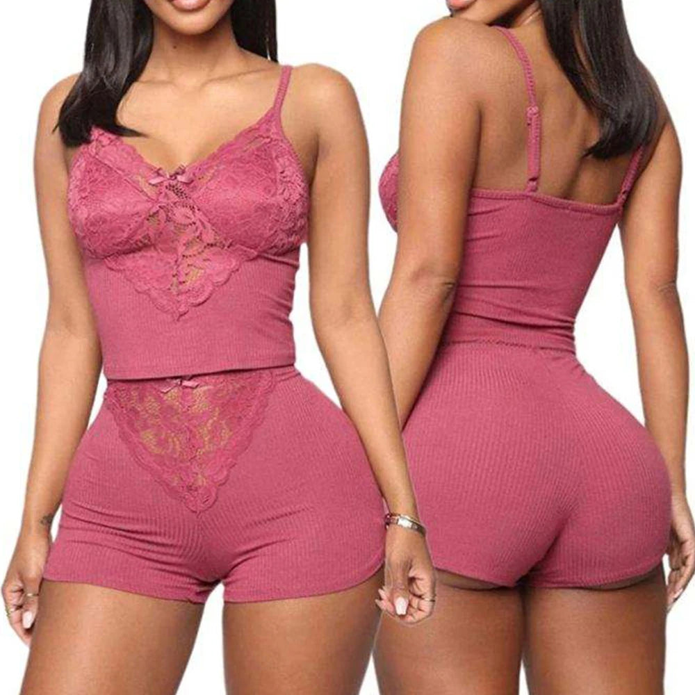 Ladies Summer Pajamas Two Pieces Sexy Pajamas For Women Suspenders Lace Camis And Short Pajamas Set V Neck Home Clothing Suit