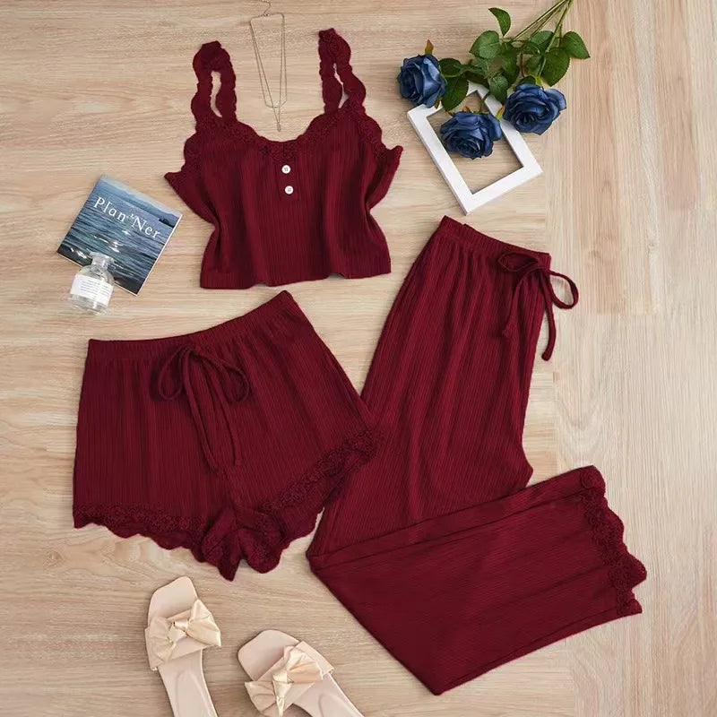 New 2025 Women's Summer 3PCS Pajama Sets Solid Vest Shorts and Pants Paired with Lace Splicing for Homewear Sexy Sleepwear Sets