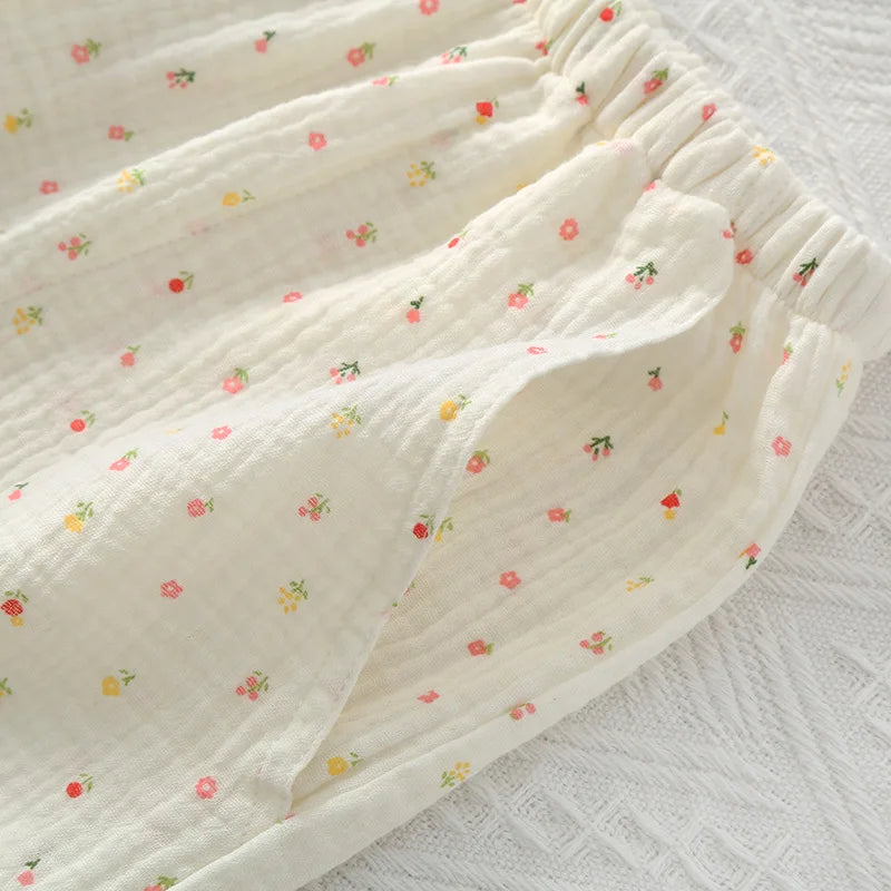 Pajamas pure cotton three-piece set spring and summer thin crepe autumn gauze lapel short-sleeved trousers shorts loungewear set