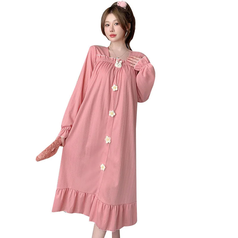 Autumn Winter New Women Cotton Nightdress With Chest Pad Long Dress Sweet Loose Long Sleeve Home Wear