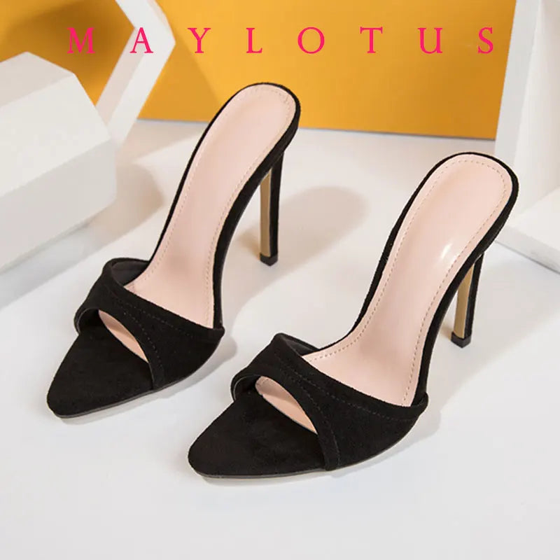 Size 34-42 Women Heeled Mules Sandals Soft Leather High Heels Summer Shoes For Women Slippers Vintage Open Toe Slides