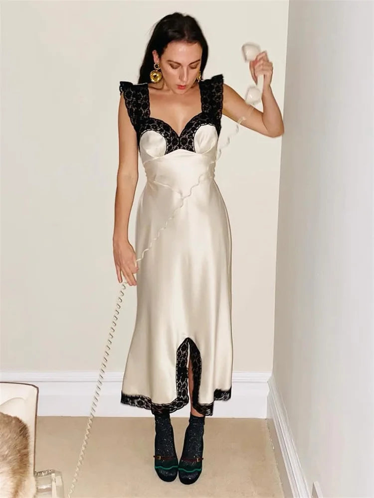 Tossy Fashion Satin Lace Long Dress Women V-Neck Patchwork Hollow Out Sleeveless Lace-Up Dress Evening Female Autumn Maxi Dress