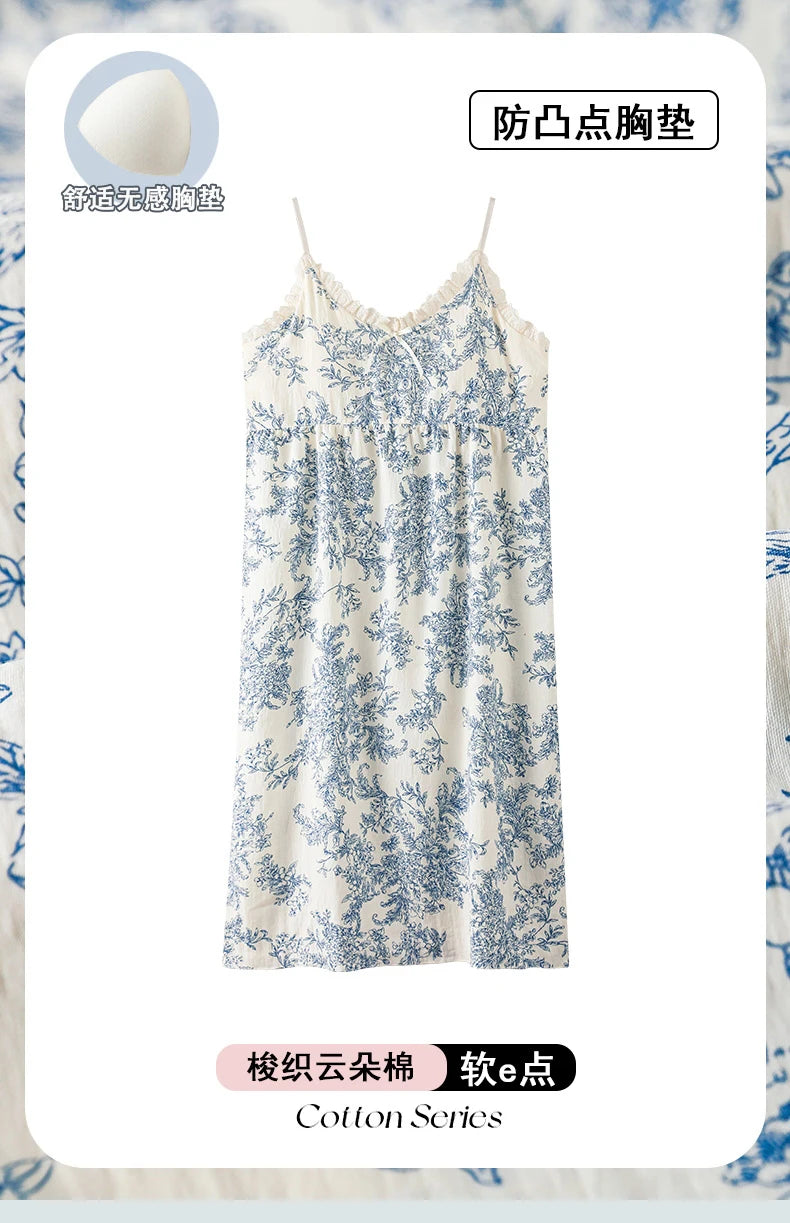 Summer Women Sleeveless Nightdress With Chest Pad Femme Knited Cotton Nightwear Floral Sling Sleepdress