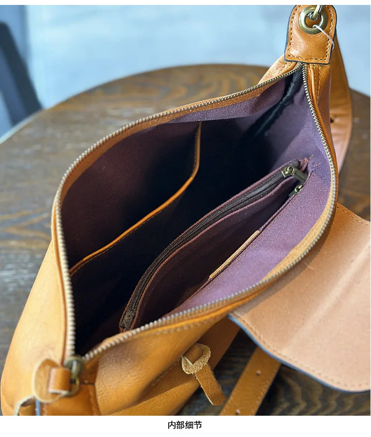 2026 Vintage vegetable tanned cowhide women's bag Leather single shoulder crossbody casual large capacity holiday bag