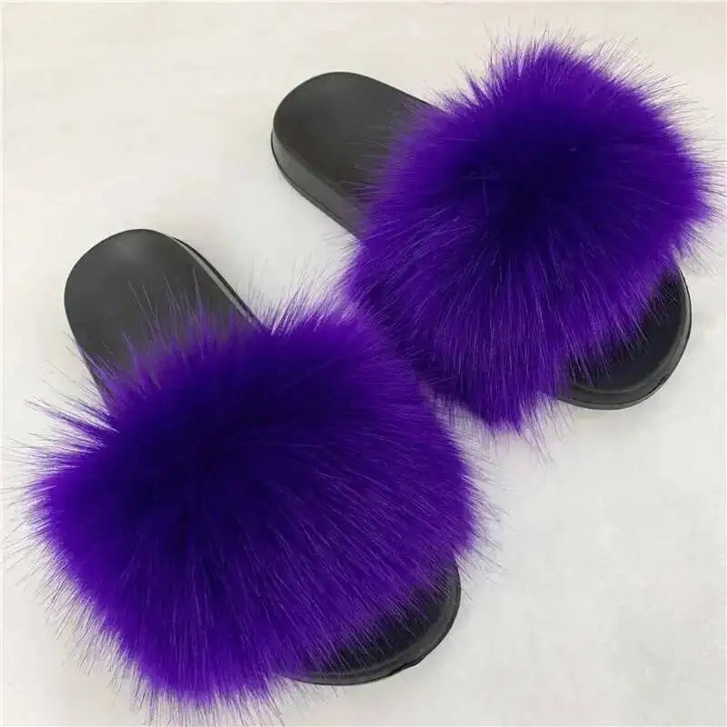 Ladies Fluffy Slippers Summer Women Faux Fur Soft Slides Stylish Open Toe Sandals Outdoor Indoor Furry Comfortable Beach Shoes