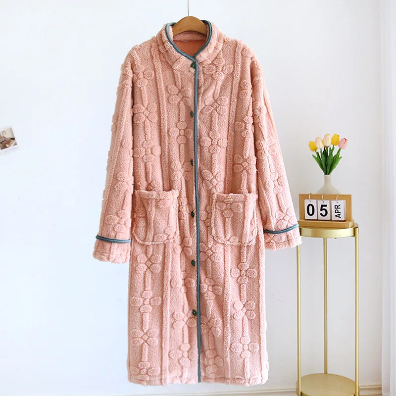 Autumn and Winter 2026 New Women's Nightgown Flannel Sweet and cute Bathrobe Women's Nightdress Stand collar Button Home Dress