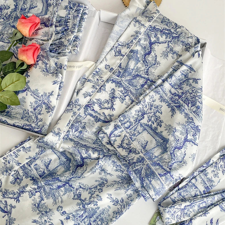 Women Sleepwear 3PCS Pajamas Set Lingerie Print Flower Bath Robe Gown Nightwear Summer Loose Satin Lounge Wear Home Clothes
