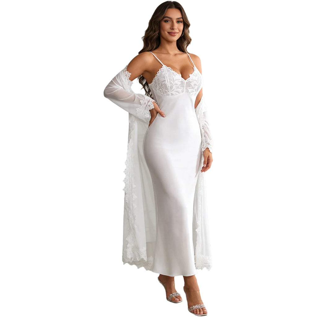 Womens Floral Lace Nightgown Set Long Sleeve Sheer Mesh Robe with Backless Satiny Sling Dress Gown Belt for Bride Wedding Night