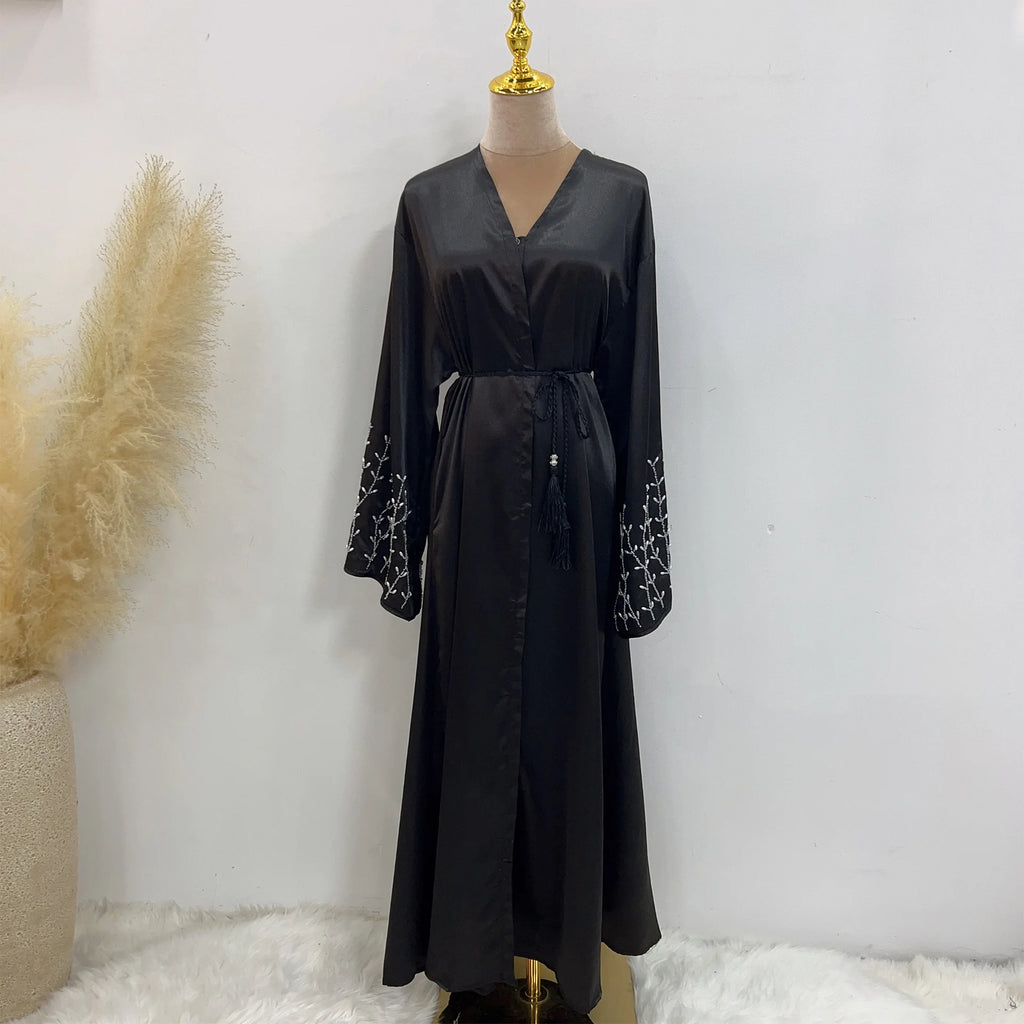 Kimono Abaya Dubai Party Kaftan Solid Beaded Muslim Fashion Hijab Dress Summer Open Abayas for Women Turkey Islam Modest Outfit