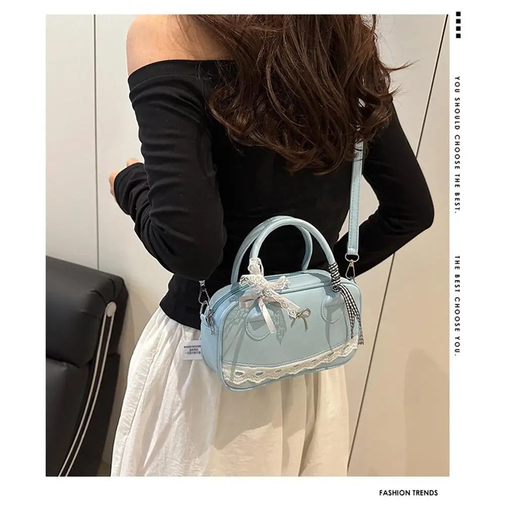 Simple Elegant Handbag Boston Shoulder bag Lace Ribbon Bow Decor Crossbody Bag Small Square Bag Casual Women Bags ﻿