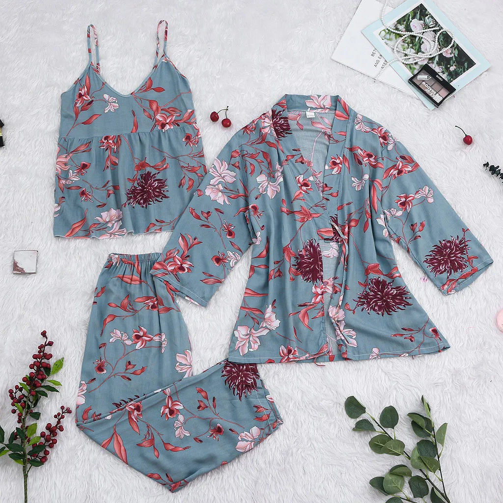 Luxury 3-Piece Pajama Set - Floral Print Camisole + Palazzo Pants + Kimono Robe | Women's Sexy Lounge Wear