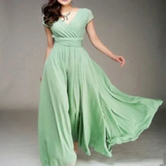 2026 Women's V Neck Short Sleeve Evening Party Dress Temperament Solid Colour Long Cocktail Chiffon High Waist Summer Dresses