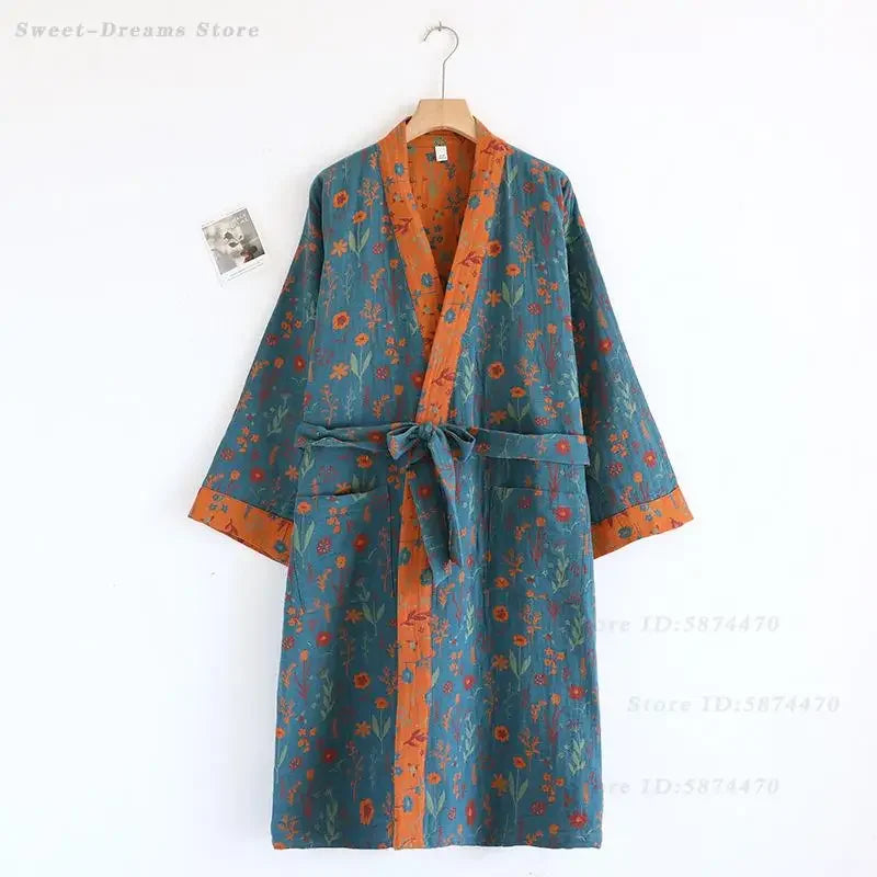 Spring Summer Yukata Print Flower Cotton Robe Sleepwear Female Japanese Retro Kimono Bathrobe Loose Casual Home Dressing Gown