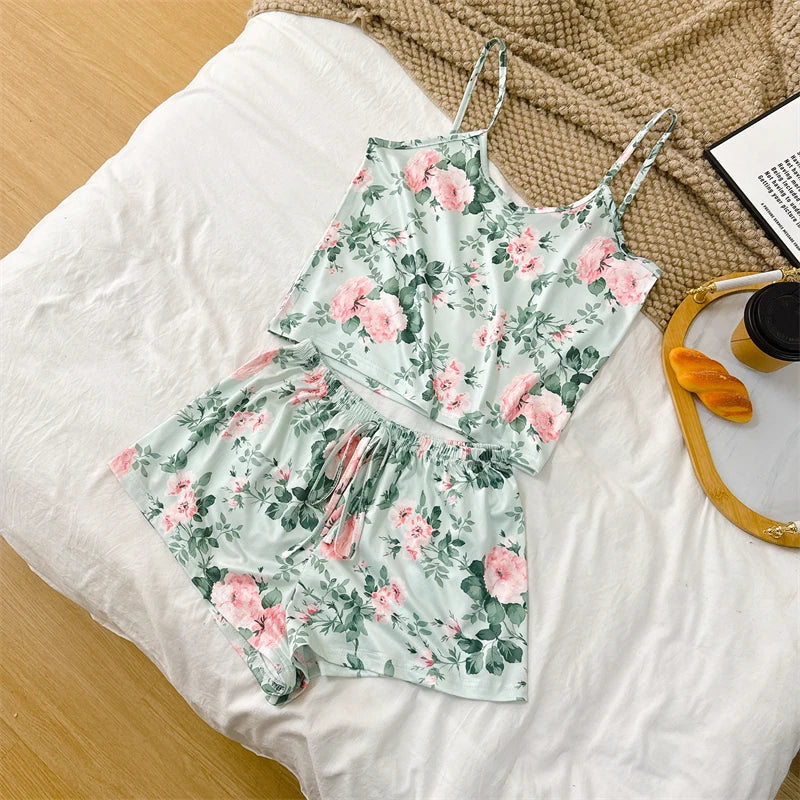 Summer Elegant Floral Print Sleepwear Women Sexy Ultra-Thin Vest and Shorts Comfortable Loungewear Breathable Nightwear HomeWear