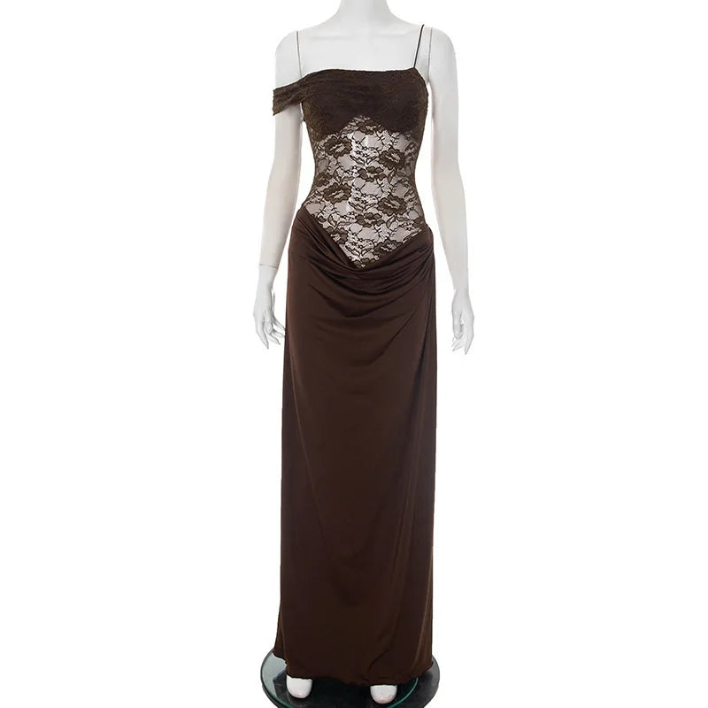 Mozision One Shoulder Lace See Through Sexy Maxi Dress Women Gown Fashion Off-shoulder Sleeveless Backless Club Long Dresses