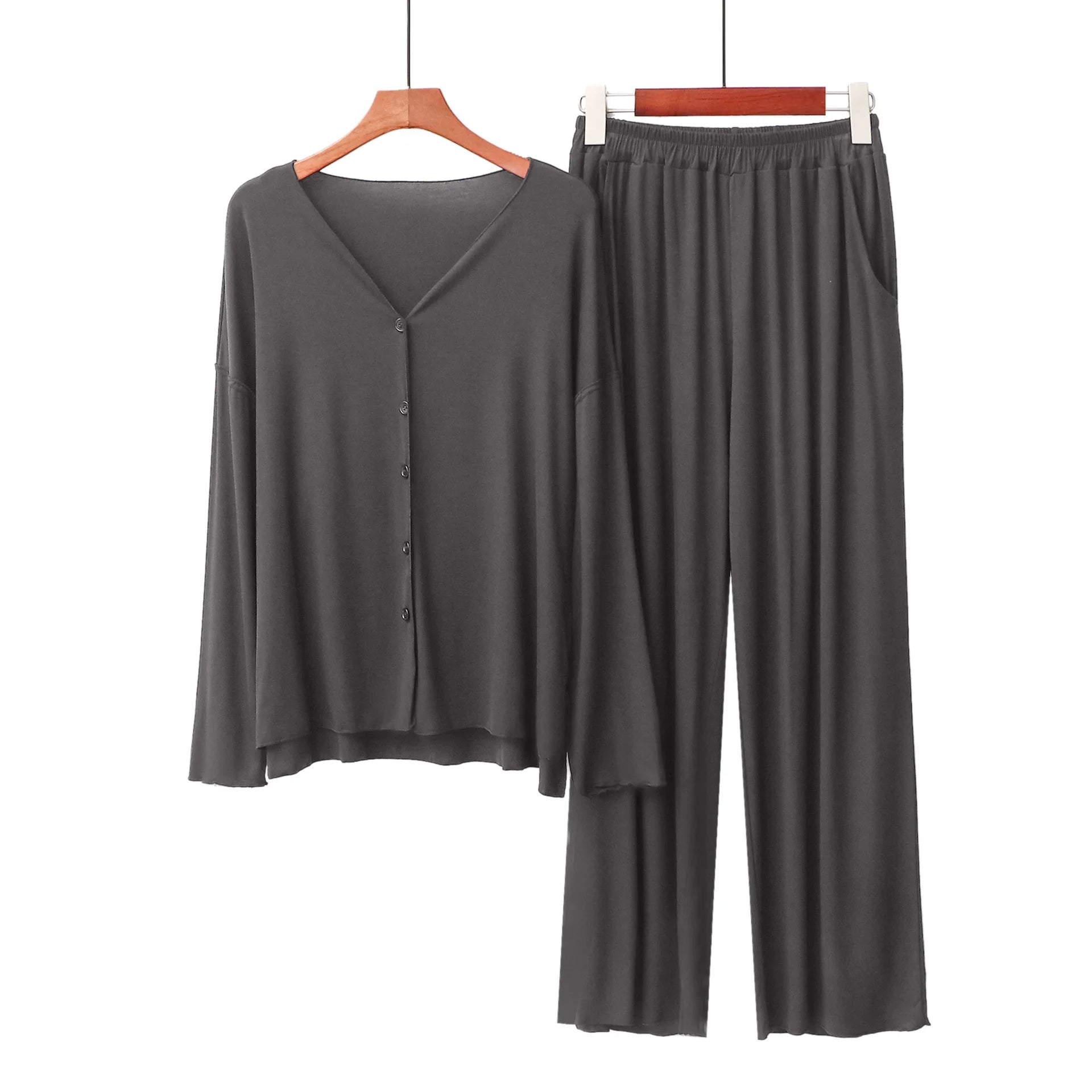 Japanese new style cotton pajamas suit ladies spring and autumn cardigan solid color long-sleeved trousers home service suit