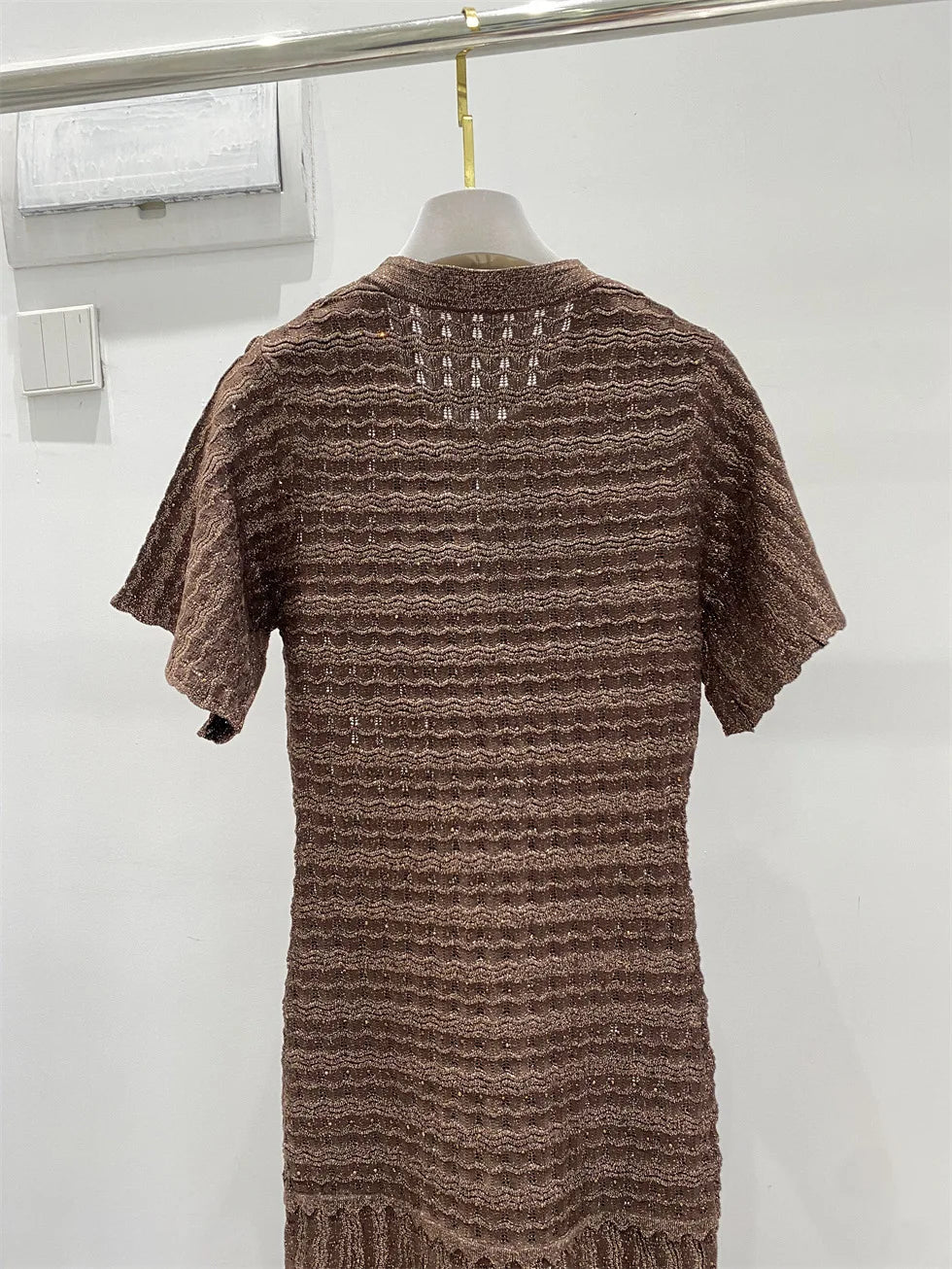 New summer single-breasted round neck knit crochet short-sleeved dress, high-quality and fashionable over-the-knee long skirt