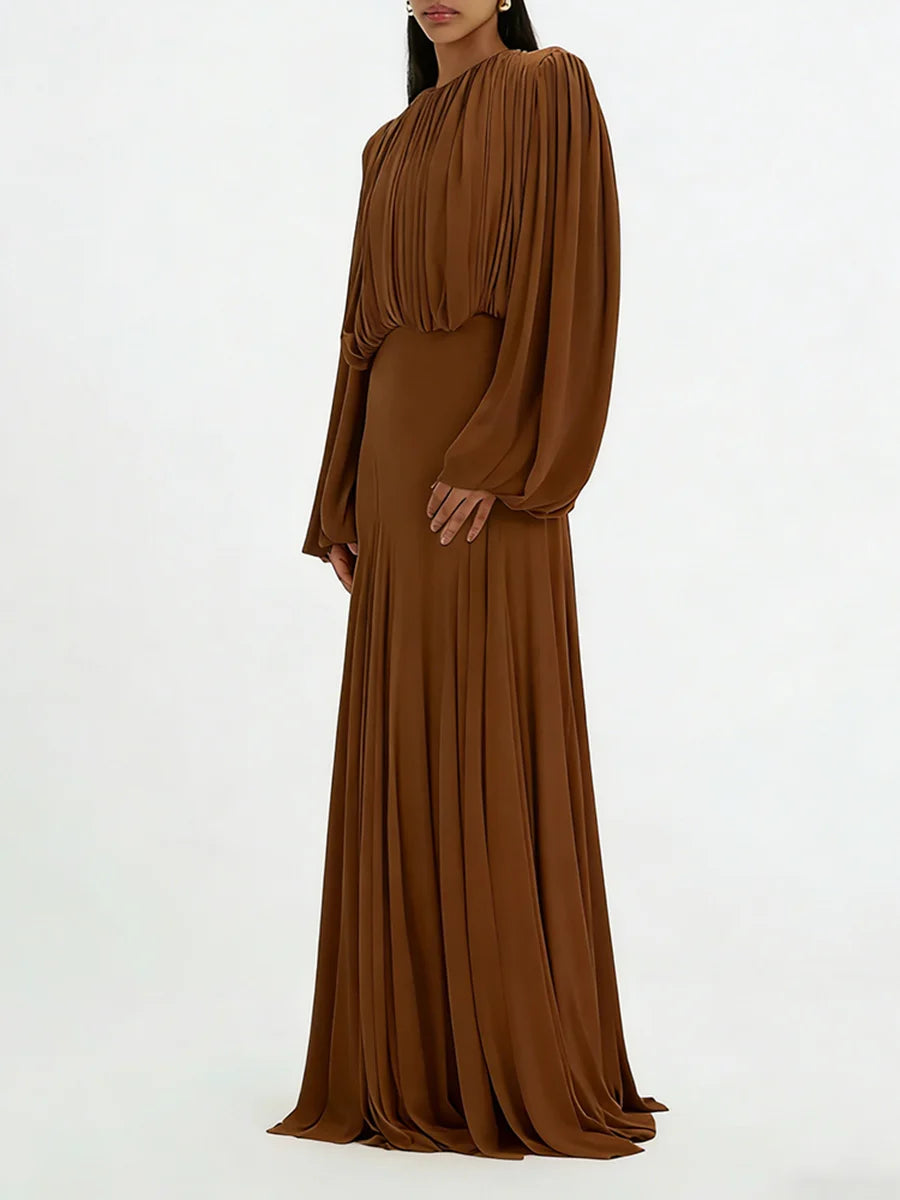 TWOTWINSTYLE Solid Spliced Folds Minimalist Dresses for Women Round Neck Long Sleeves High Waist Elegant Dress Female Autumn New