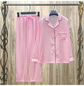 Women Striped Satin Pajama Set Autumn Cardigan Long Sleeve Pants Loose Casual Wear Fashion Classic Pink sleepcoat Two Piece Set
