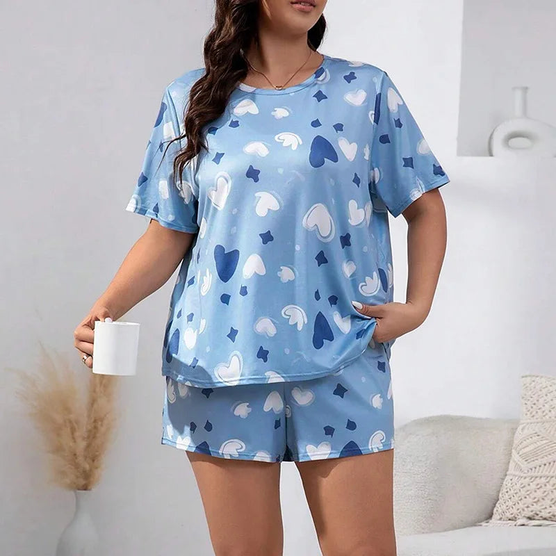 5XL Plus Size Women Pajama Set Print Sleepwear Short Sleeve Top with Shorts Summer Comfy Sleepwear 2 Pieces Loose Home Clothes