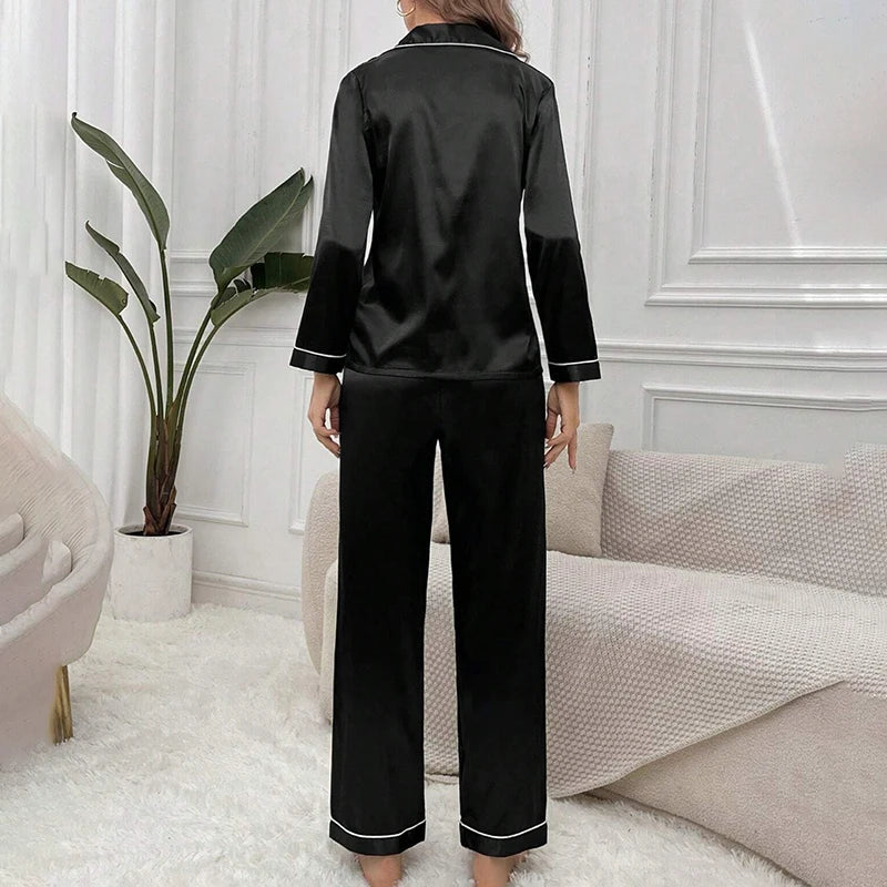 Women's Sleepwear Simple Satin Pajama Set Long Sleeve Buttons Lapel Top With Elastic Pants Loungewear Nightwear 2 Piece Nighty