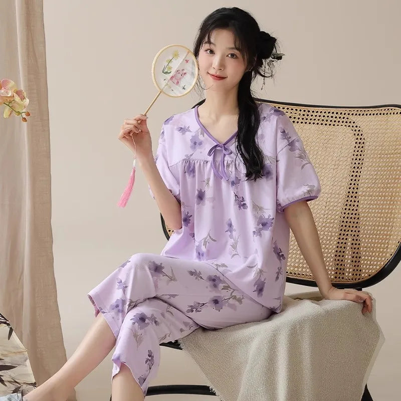 Gentle Floral Print Pajama Set Short Sleeve Top And Capri Pants Suit Vintage Women's Summer Sleepwear Loungewear Home Clothes