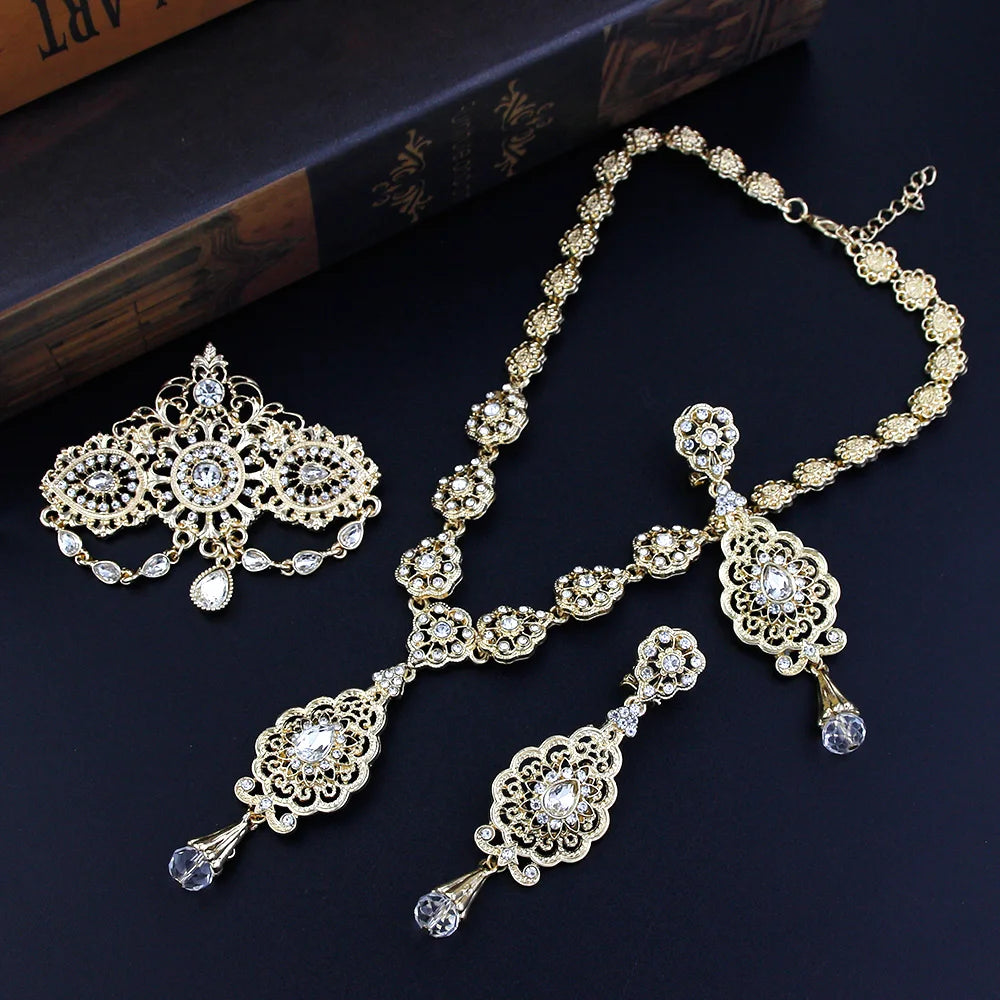 New Gold Color Algeria Bride Wedding Jewelry Set For Women Morocco Earring Necklace Brooch Arabic Traditional Jewelry