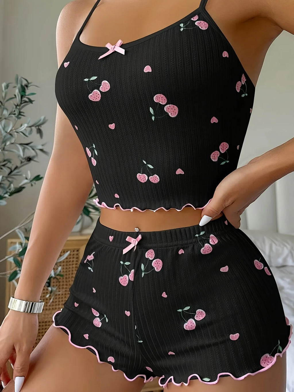European American Style Cherry Print Sweet Suspender Shorts, Pure Desire Pajamas, Multifunctional for Yoga, Homewear, Beach Cove
