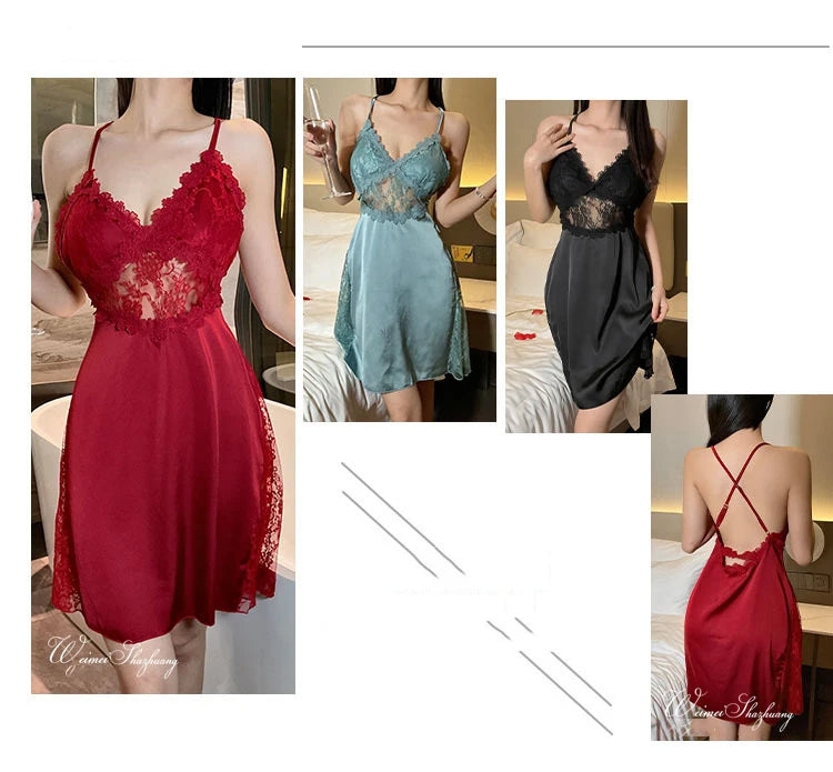 2025 new sexy camisole nightgown women's lace home sleepwear satin deep V backless luxury camisole sleepwear plus size red black