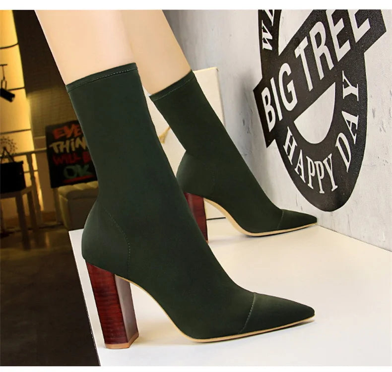 Mid-Calf Boots 2024 New Women Stretch Sock Boots Chunky Block Heels High Heels Silk Shoes Solid Color Short Boots Autumn 3129-3