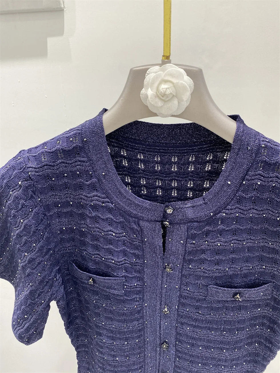 New summer single-breasted round neck knit crochet short-sleeved dress, high-quality and fashionable over-the-knee long skirt
