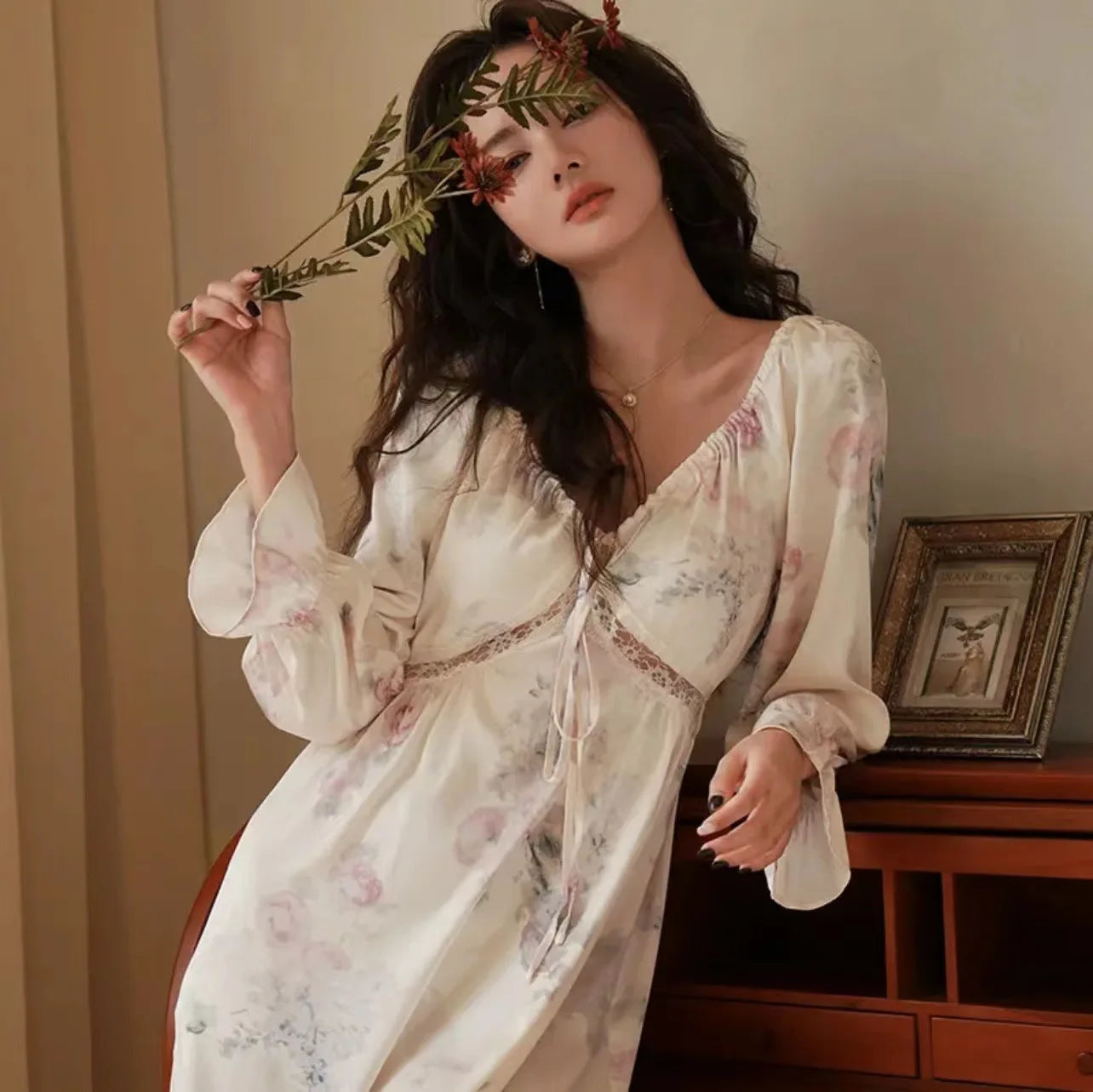 Floral Print Women Nightgown Summer Lace Patchwork Ice Silk Ladies Night Dress Long Sleeve Sexy Lace Up Nightdress for Female