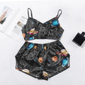 Cute Summer 2 Piece Set Women's Sexy Sleepwear Casual Satin Pajamas Female Cartoon Print Sleeveless Nightwear Homewear