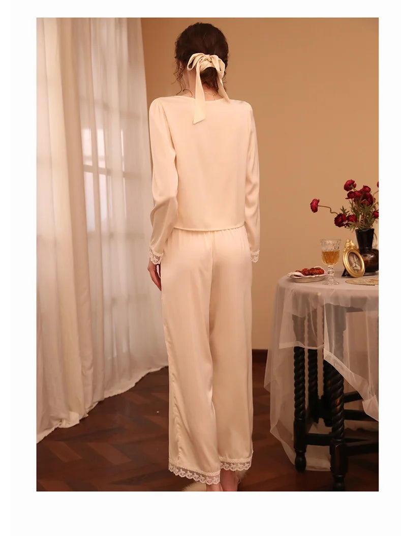 Two Piece Pajamas Set Women Satin Nightwear Home Clothes Spring Autumn Long Sleeve Shirt&pants Sleepwear Suit