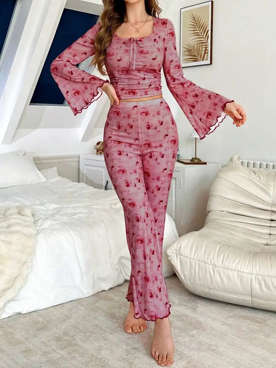 Women Pajama Sets Casual Pajamas Flower Print Long Sleeve High Waist Pants Loungewear Two-piece Set Can Be Worn Outside Pijamas