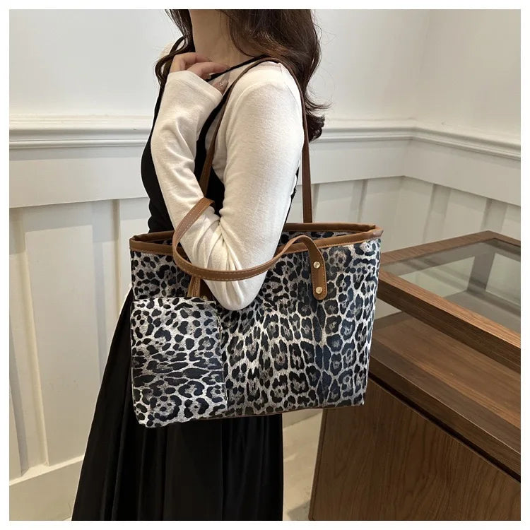 Women's Leopard Print Tote bag Pu Leather Underarm Bags Simple Casual Travel Shopping Bag Large Capacity Mother and Child Packag