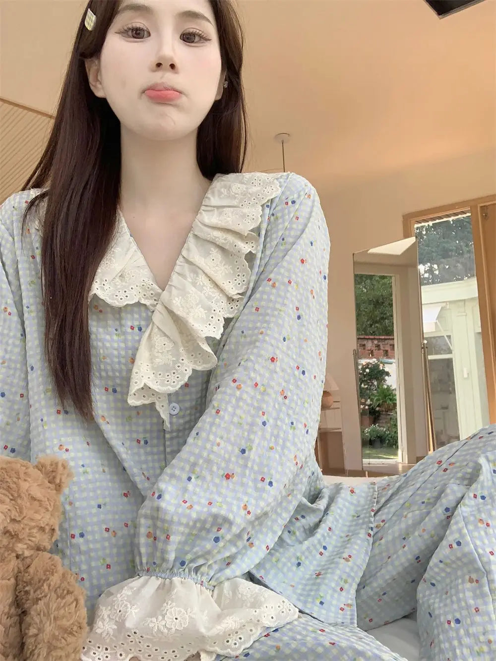 Korean Style Sweet Style Floral Pajamas for Women New Long Sleeve Long Pants Lace Trim Homewear Set Autumn Winter Loungewear Hot