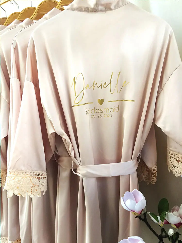 Personalized Name Dressing Gown Bride Kimono Silk bridesmaid Gowns Custom Wedding Nightgown Bachelorette Party Floral Trim Robes