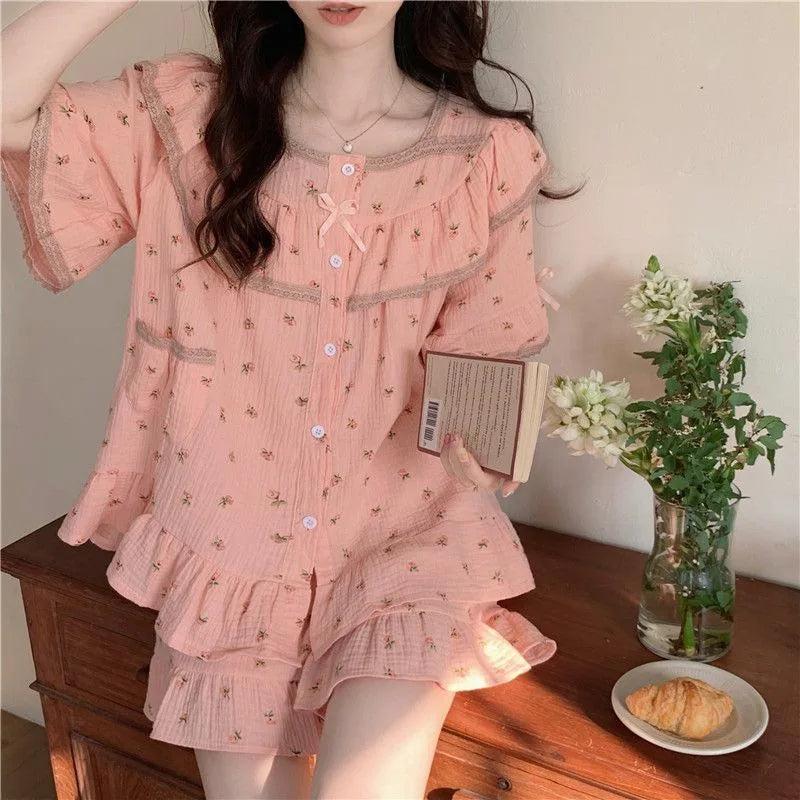 INS style women's summer new sweet floral high-quality short-sleeve shorts with bowtie girl homewear