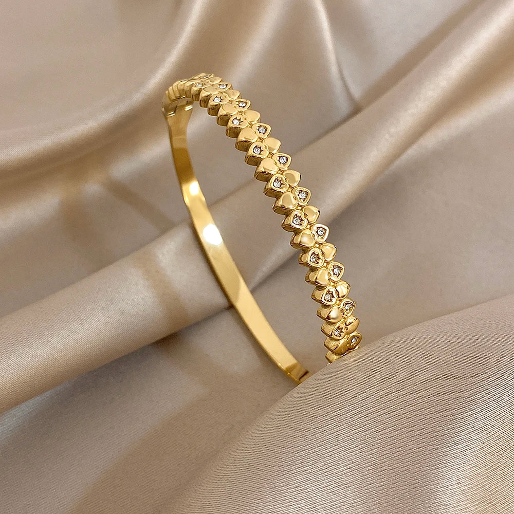 New Stainless Steel Waterproof Cuff Bracelet Bangle For Women Exquisite Shiny Inlaid Zircon Geometric Stacked Jewelry Gifts