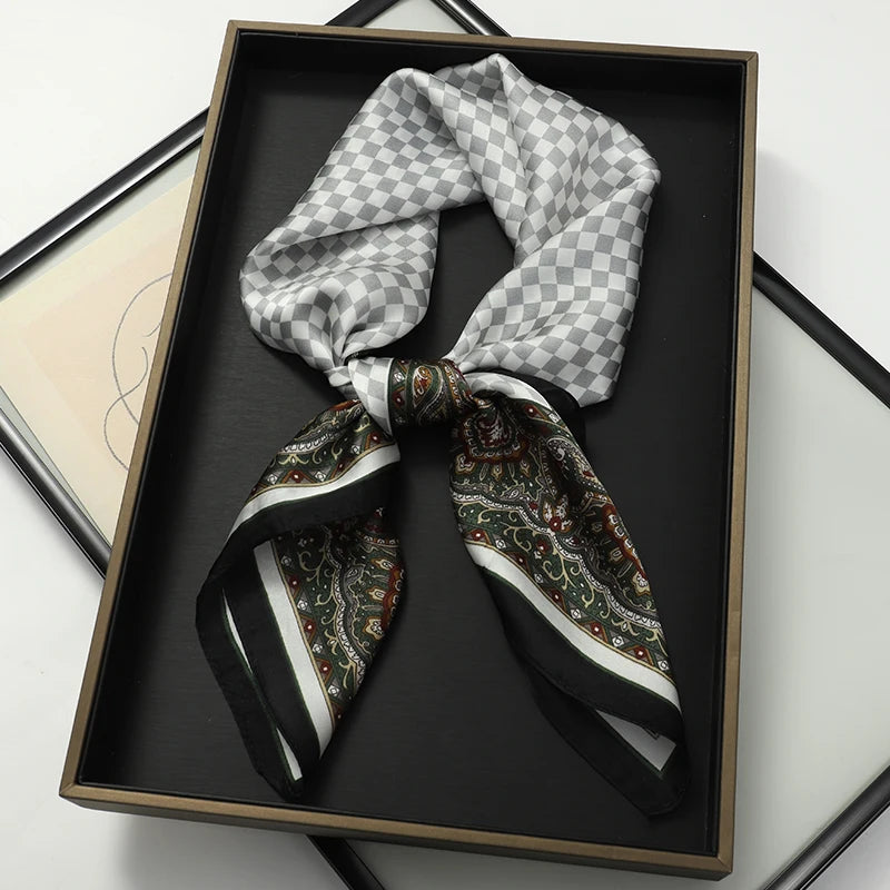 Luxury Women Silk Square Scarf Shawl Fashion Xiaoxiangfeng Print Design Satin Hijab Wraps Neckerchief Female Hair Bands 70*70CM