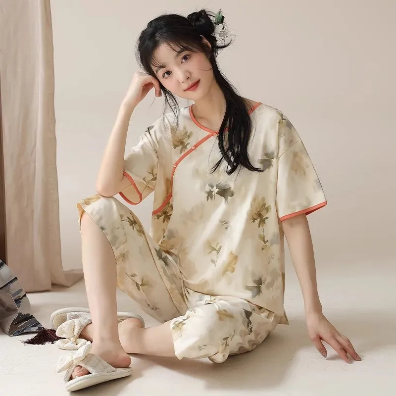 Gentle Floral Print Pajama Set Short Sleeve Top And Capri Pants Suit Vintage Women's Summer Sleepwear Loungewear Home Clothes