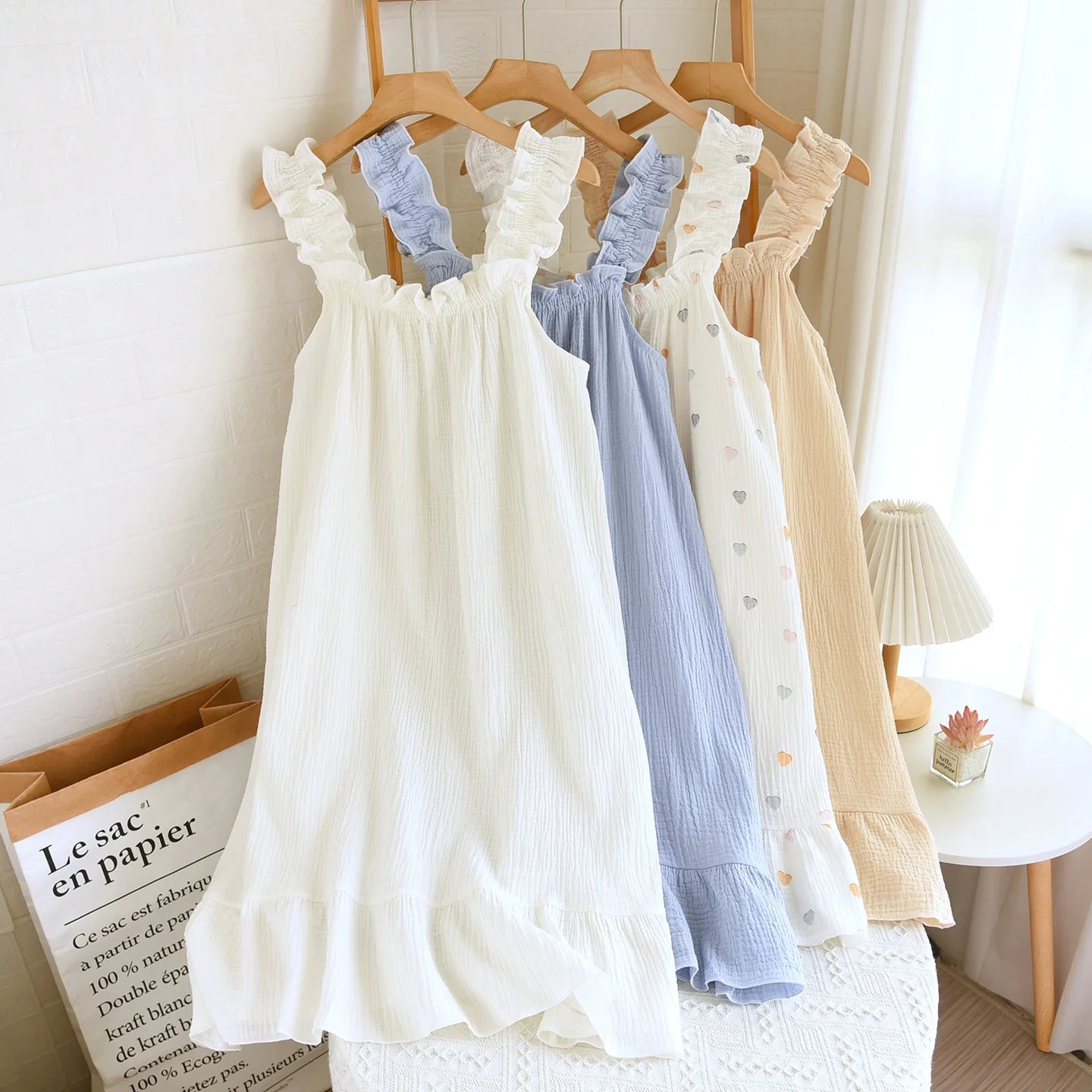 2026 new women's summer cotton yarn, pure cotton suspender sleepwear loose medium to long sweet and cute long skirt home wear