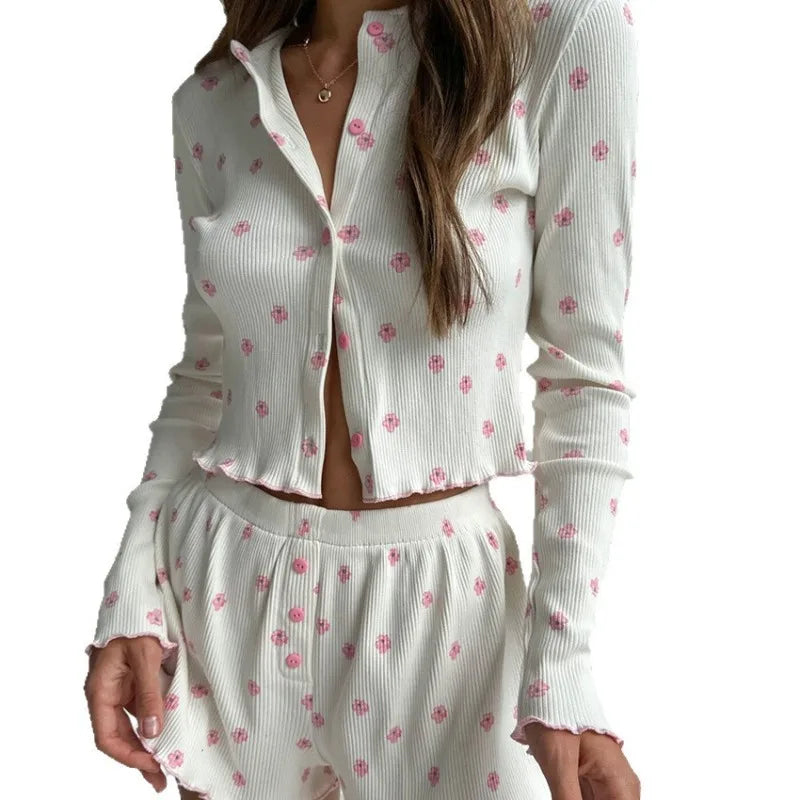 2025 New Ribbed Knit Pajama Set for Girls Print Floral Long Sleeve Top Shorts Casual Fashion Loungewear Sleepwear for Women
