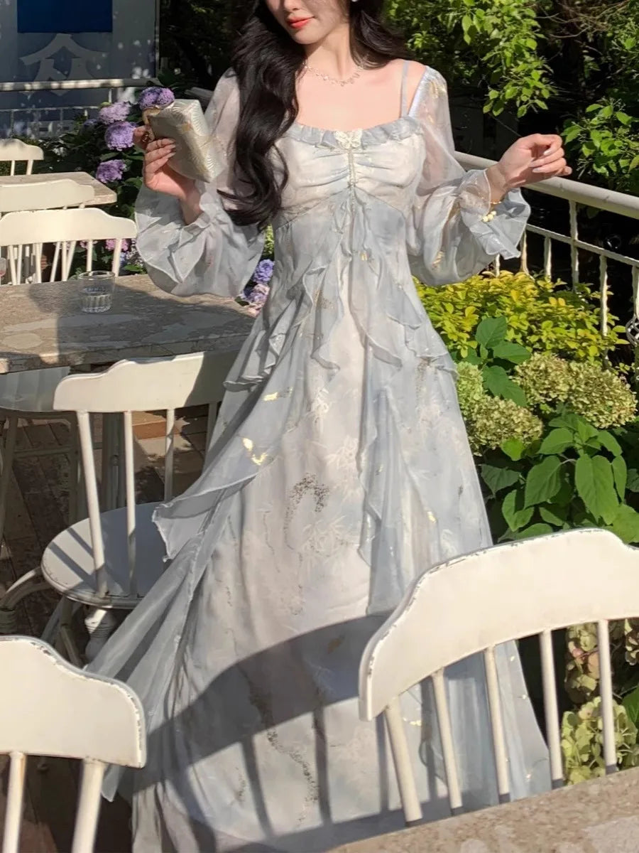 Summer Elegant Print Fairy Long Chiffon Dresses Women Off Shoulder Ruffles A-Line Birthday Party Dress One Piece Vestidos New