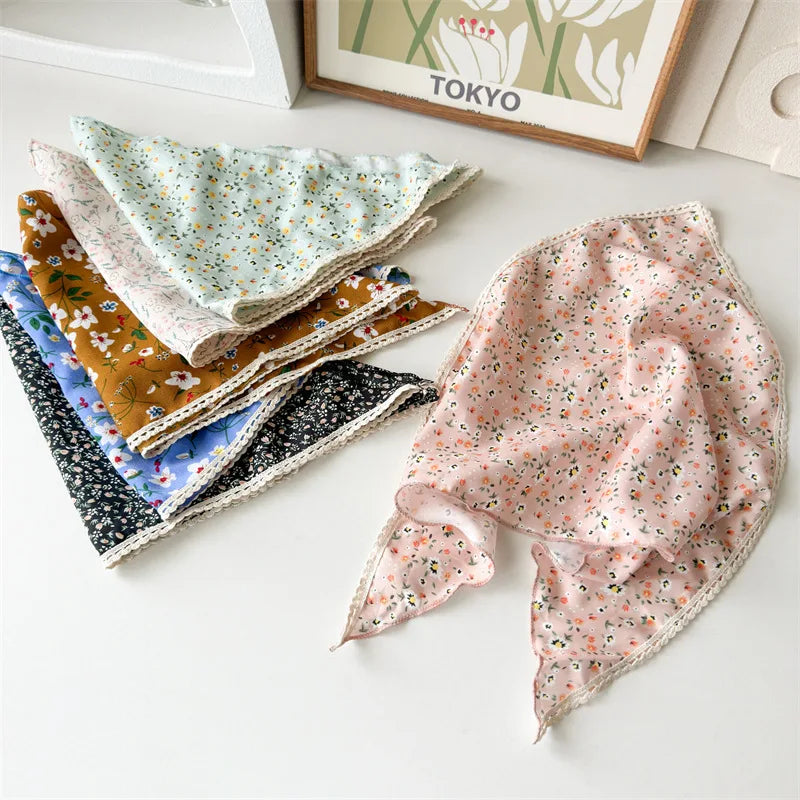 Stylish Chiffon Fabric Floral Lace Triangular Scarf for Spring and Summer Women's Headscarf and Hair Accessories for Photography