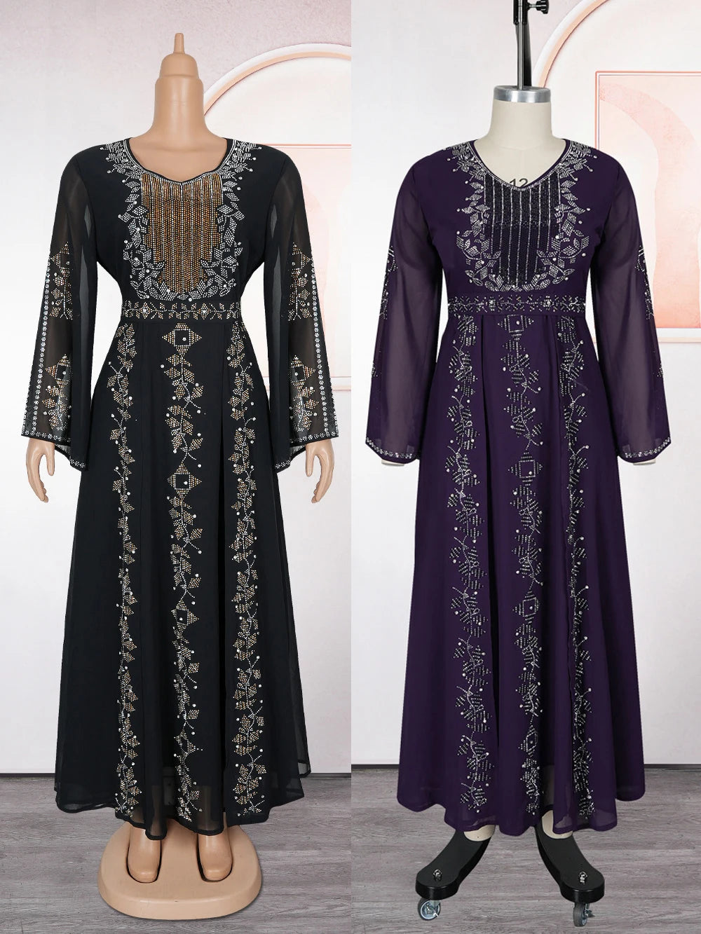 Ruffle Sleeve Chiffon Dresses Elegant Women Wedding Party Evening Gown African Dashiki Diamond Abaya Clothes Dubai Turkey Dress
