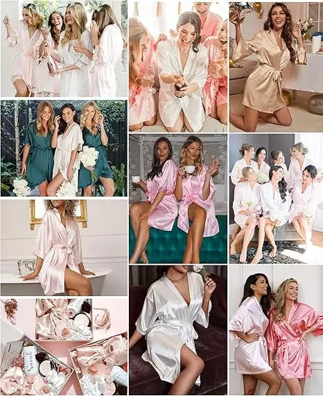 Women Silk Satin Short Night Robe Solid Kimono Robe Fashion Bath Robe Sexy Bathrobe Peignoir Femme Wedding Bride Bridesmaid Robe